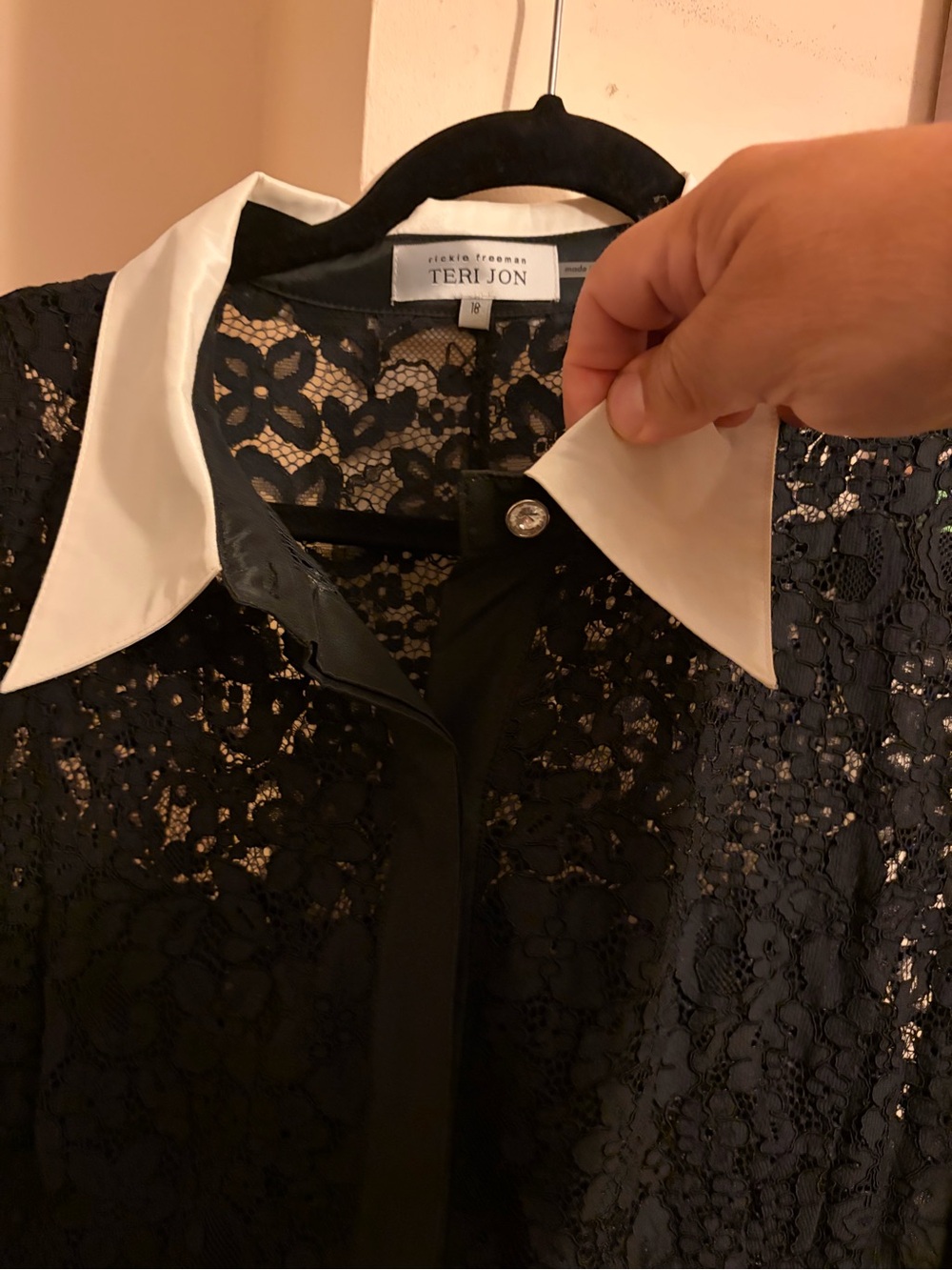 Teri Jon Black Lace Maxi Dress with White Collar and Cuffs - Picture 4 of 16